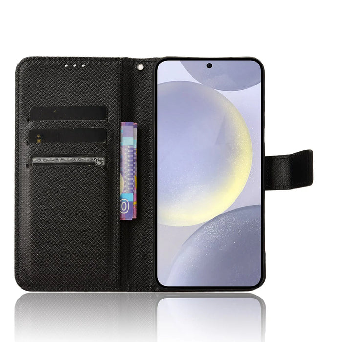 For Samsung Galaxy S25 FE Leather Wallet Case with Strap Diamond Texture Phone Cover - Black - 6
