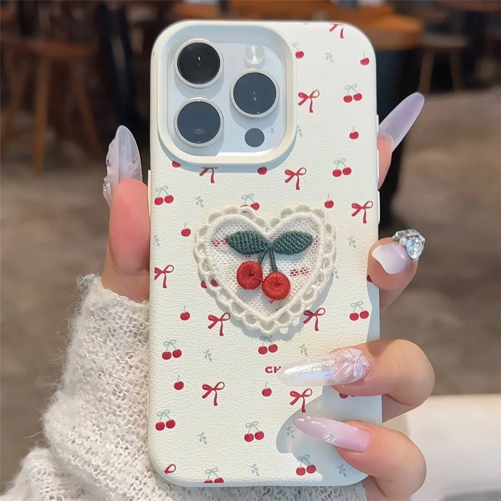 For iPhone 15 Pro Max Case Embroidered Cherry Litchi Texture PU Leather + TPU Phone Back Cover - 1