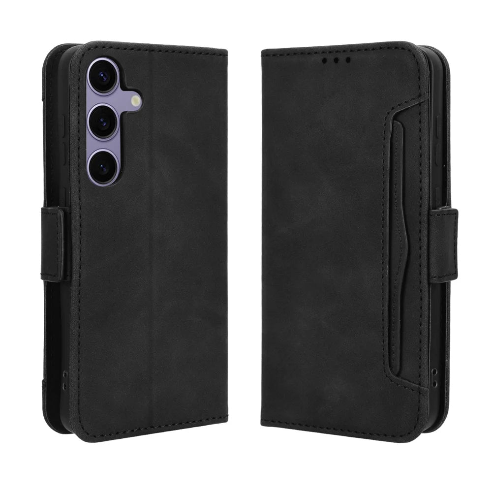For Samsung Galaxy S25 FE Leather Case Phone Wallet Cover with Multiple Card Slots - Black - 1