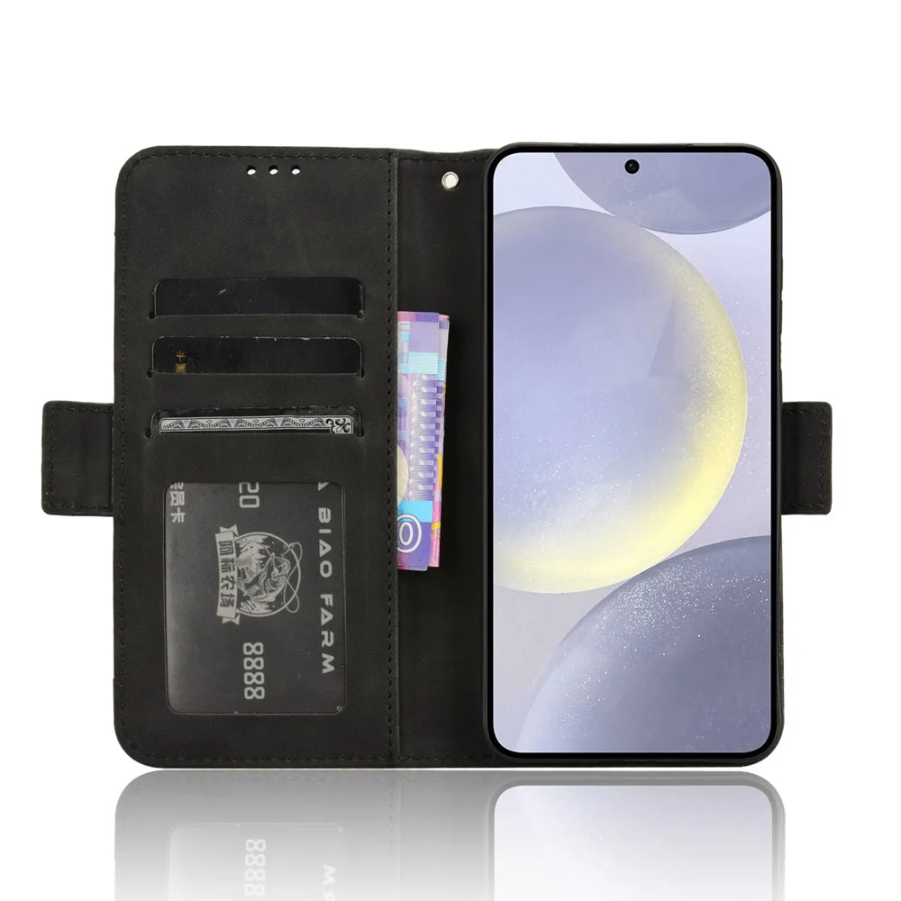 For Samsung Galaxy S25 FE Leather Case Phone Wallet Cover with Multiple Card Slots - Black - 6