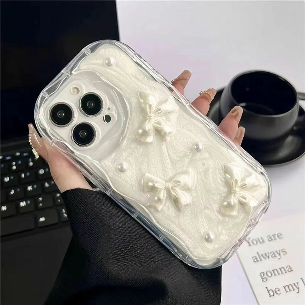 For iPhone 16 Pro Case 3D Butterfly Bow Pearl Design Clear Edge TPU Phone Back Cover - 2