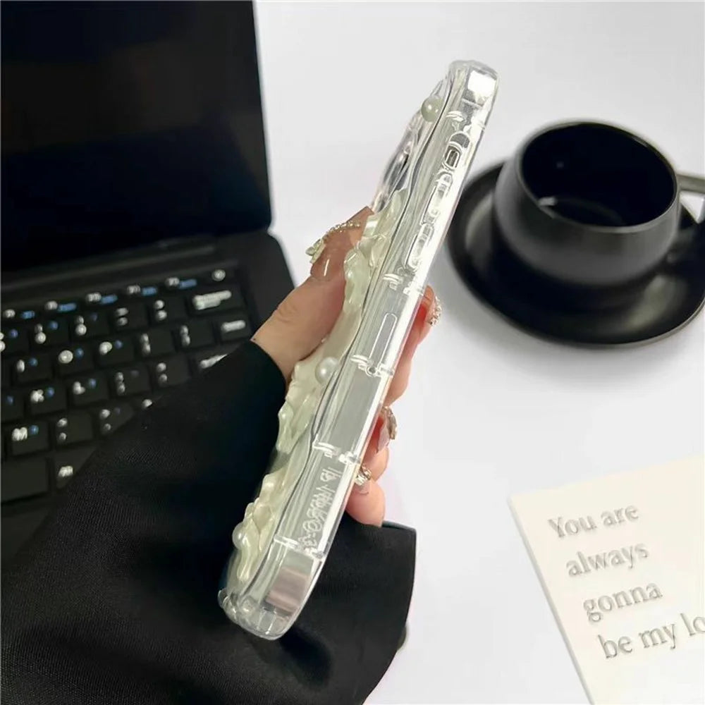 For iPhone 16 Pro Case 3D Butterfly Bow Pearl Design Clear Edge TPU Phone Back Cover - 3
