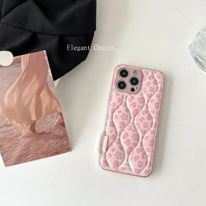 For iPhone 16 Pro Max Case Down Jacket Leopard Print Acrylic Phone Back Cover - Pink - 3