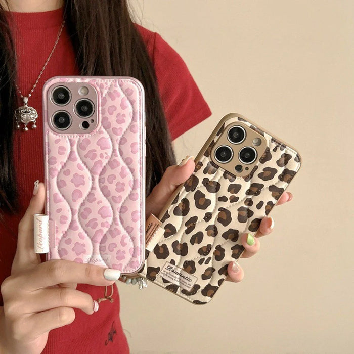 For iPhone 16 Pro Max Case Down Jacket Leopard Print Acrylic Phone Back Cover - Pink - 4