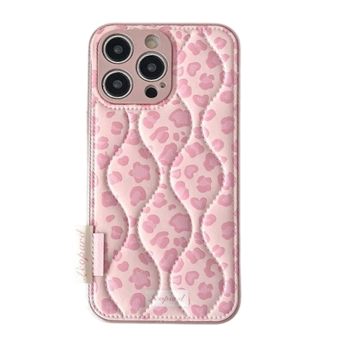 For iPhone 16 Pro Case Down Jacket Leopard Print Acrylic Phone Back Cover - Pink - 1