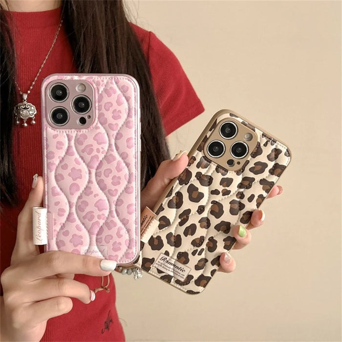 For iPhone 16 Pro Case Down Jacket Leopard Print Acrylic Phone Back Cover - Pink - 4
