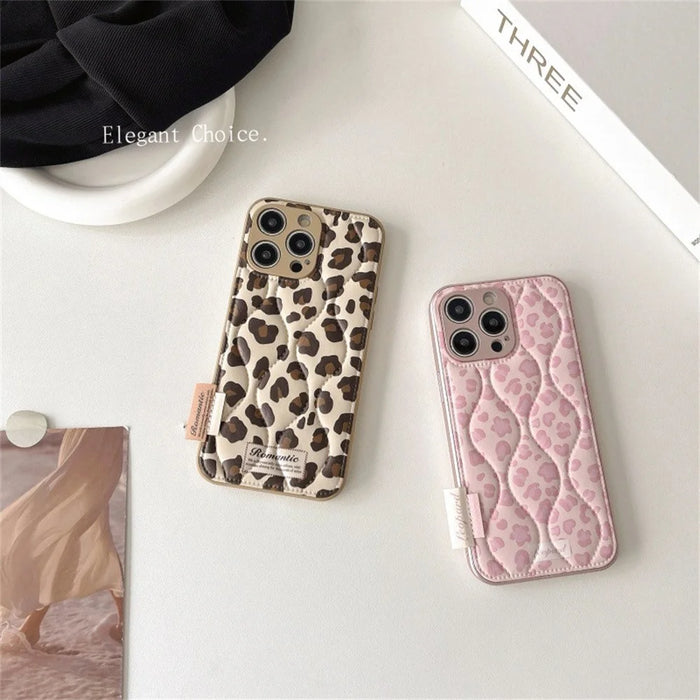 For iPhone 16 Pro Case Down Jacket Leopard Print Acrylic Phone Back Cover - Pink - 5