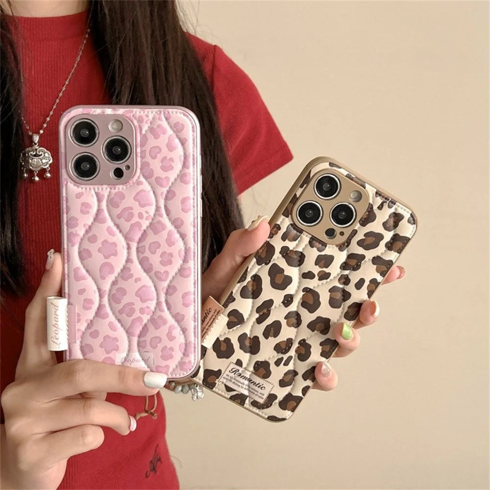 For iPhone 15 Pro Max Case Down Jacket Leopard Print Acrylic Phone Back Cover - Pink - 4