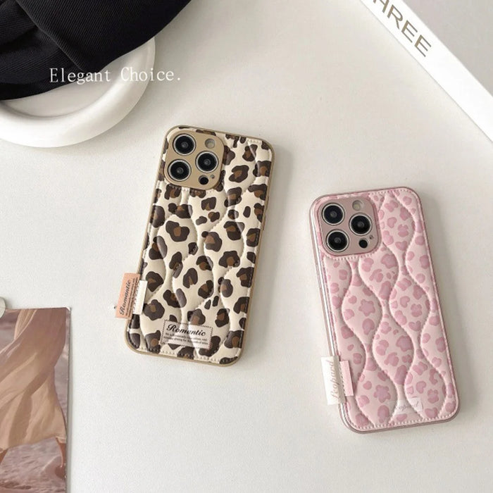 For iPhone 15 Pro Case Down Jacket Leopard Print Acrylic Phone Back Cover - Pink - 5