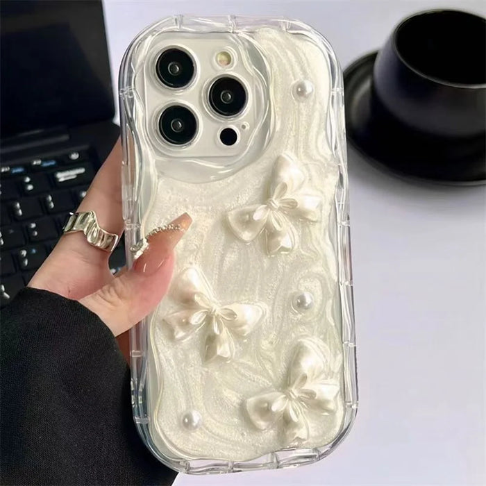 For iPhone 15 Pro Max Case 3D Butterfly Bow Pearl Design Clear Edge TPU Phone Back Cover - 2