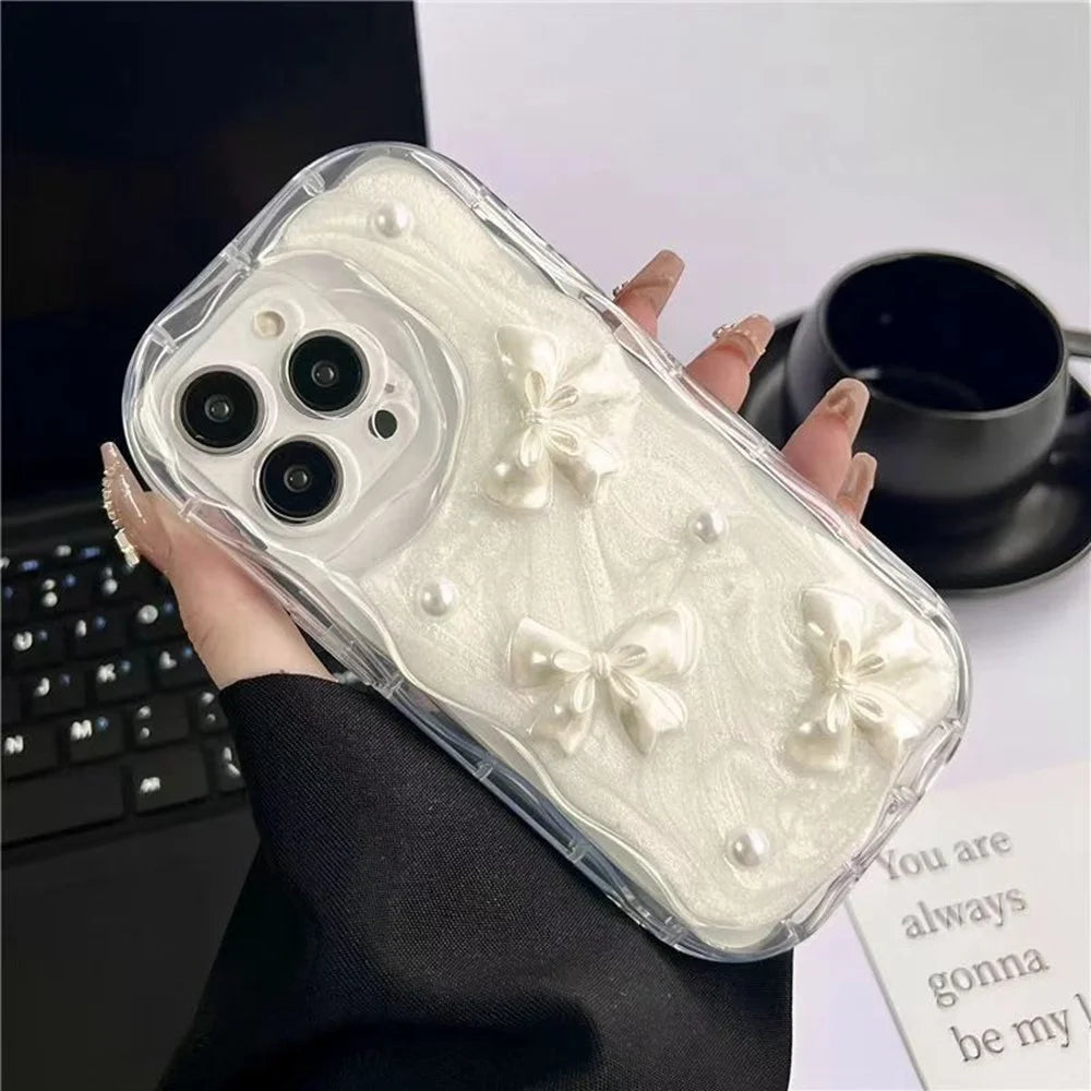 For iPhone 15 Pro Case 3D Butterfly Bow Pearl Design Clear Edge TPU Phone Back Cover - 3