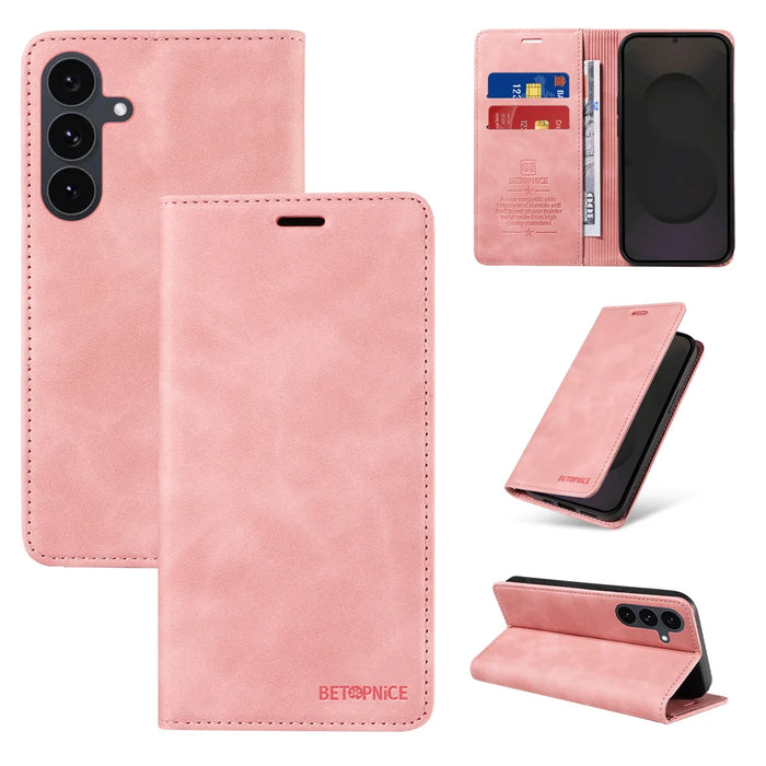 BETOPNICE For Samsung Galaxy S25 FE Case  Magnetic Closure RFID Blocking Wallet Stand Leather Phone Cover - Pink - 3
