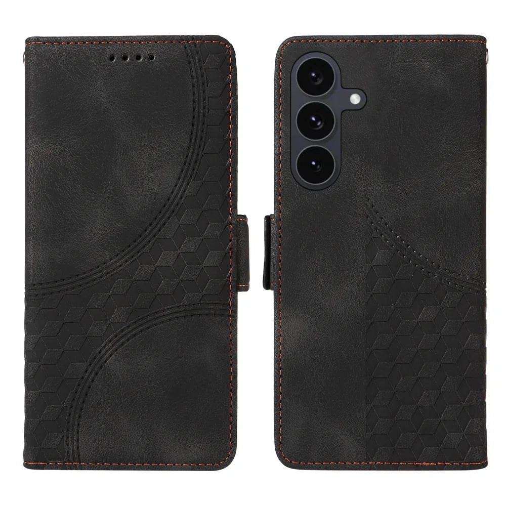 For Samsung Galaxy S25 FE Leather Cases Wallet Rhombus Imprinted Phone Cover Stand with Strap - Black - 1