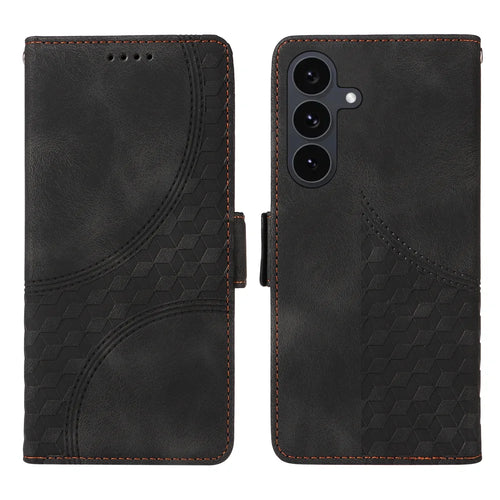 For Samsung Galaxy S25 FE Leather Cases Wallet Rhombus Imprinted Phone Cover Stand with Strap - Black - 1