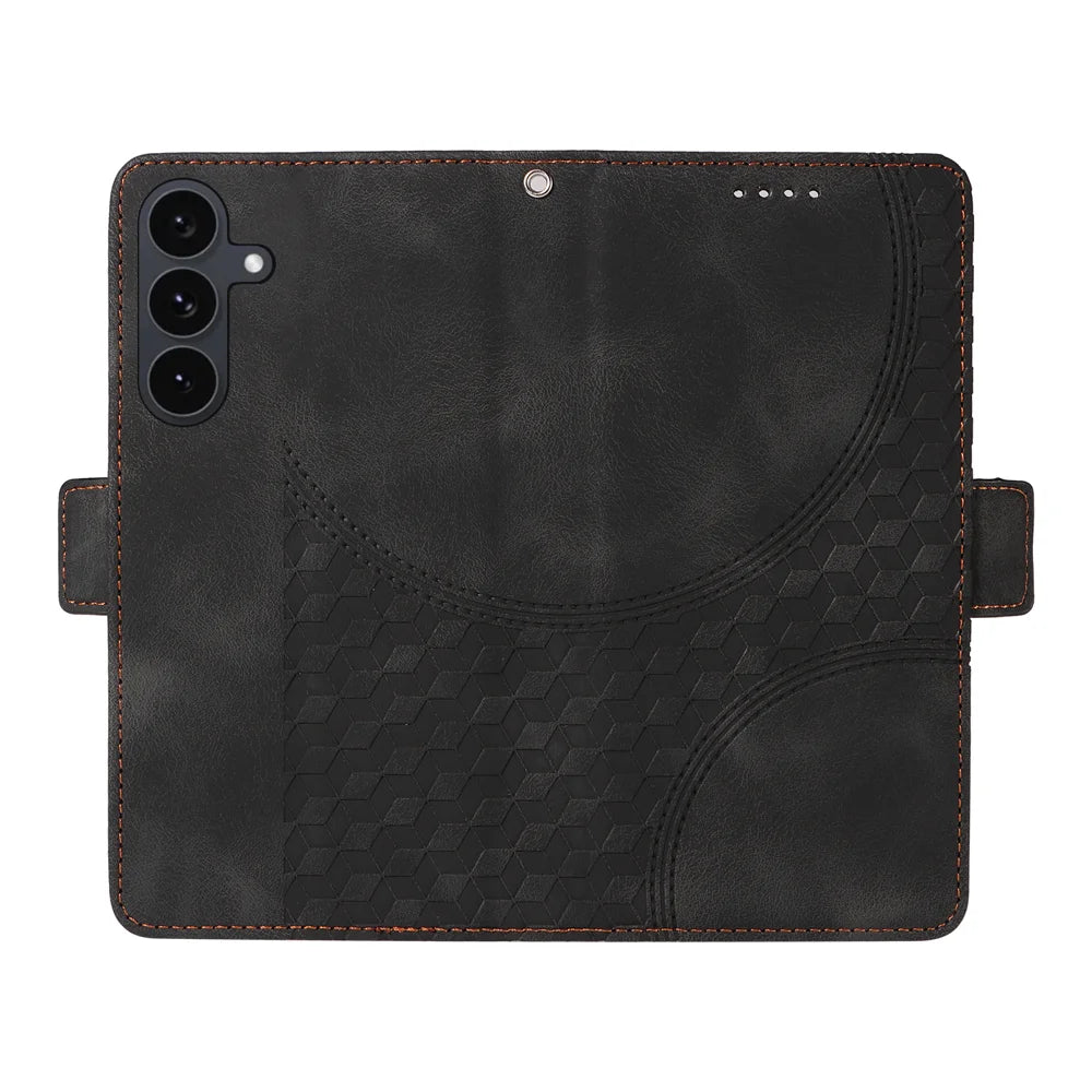 For Samsung Galaxy S25 FE Leather Cases Wallet Rhombus Imprinted Phone Cover Stand with Strap - Black - 2