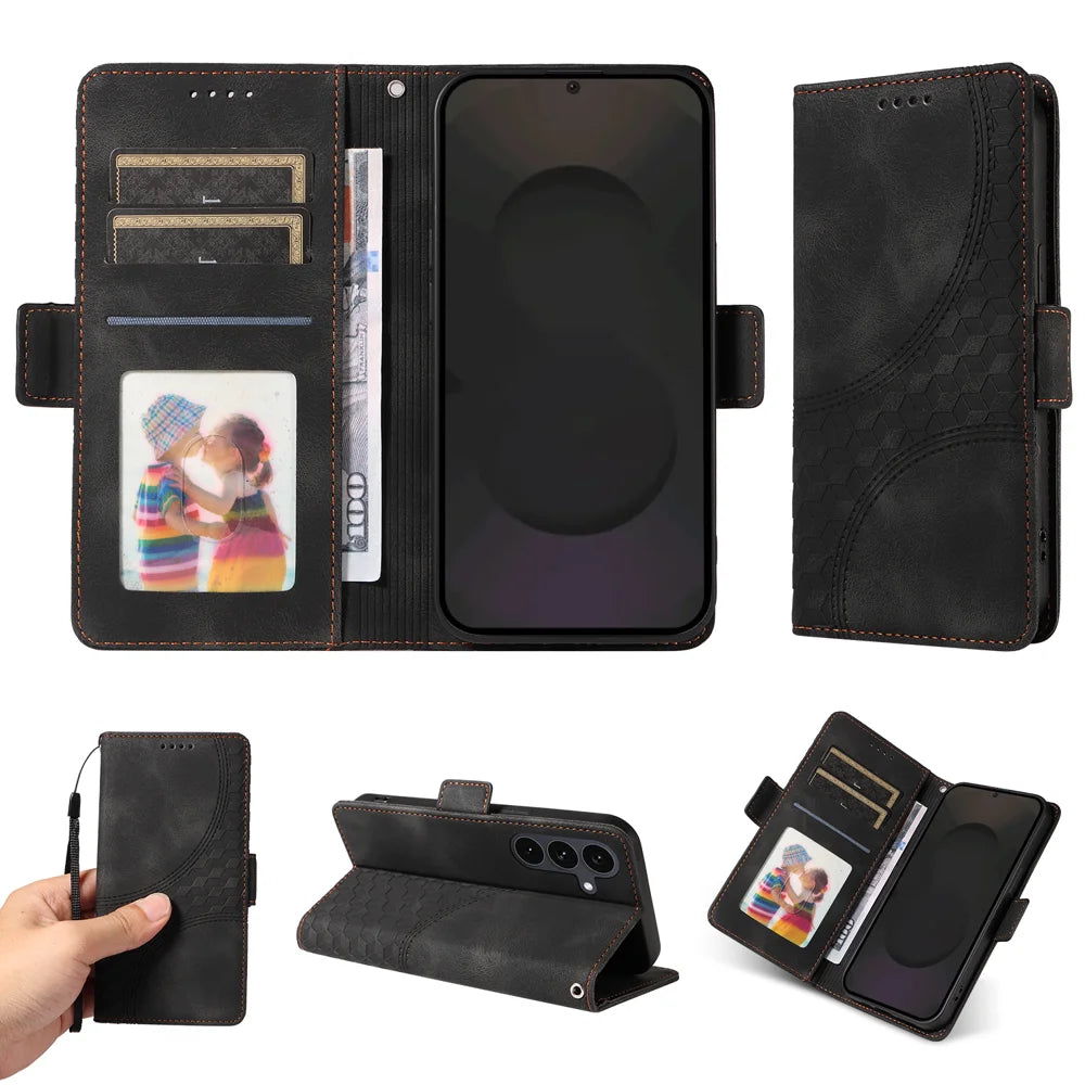 For Samsung Galaxy S25 FE Leather Cases Wallet Rhombus Imprinted Phone Cover Stand with Strap - Black - 3