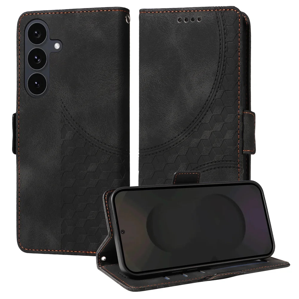 For Samsung Galaxy S25 FE Leather Cases Wallet Rhombus Imprinted Phone Cover Stand with Strap - Black - 4