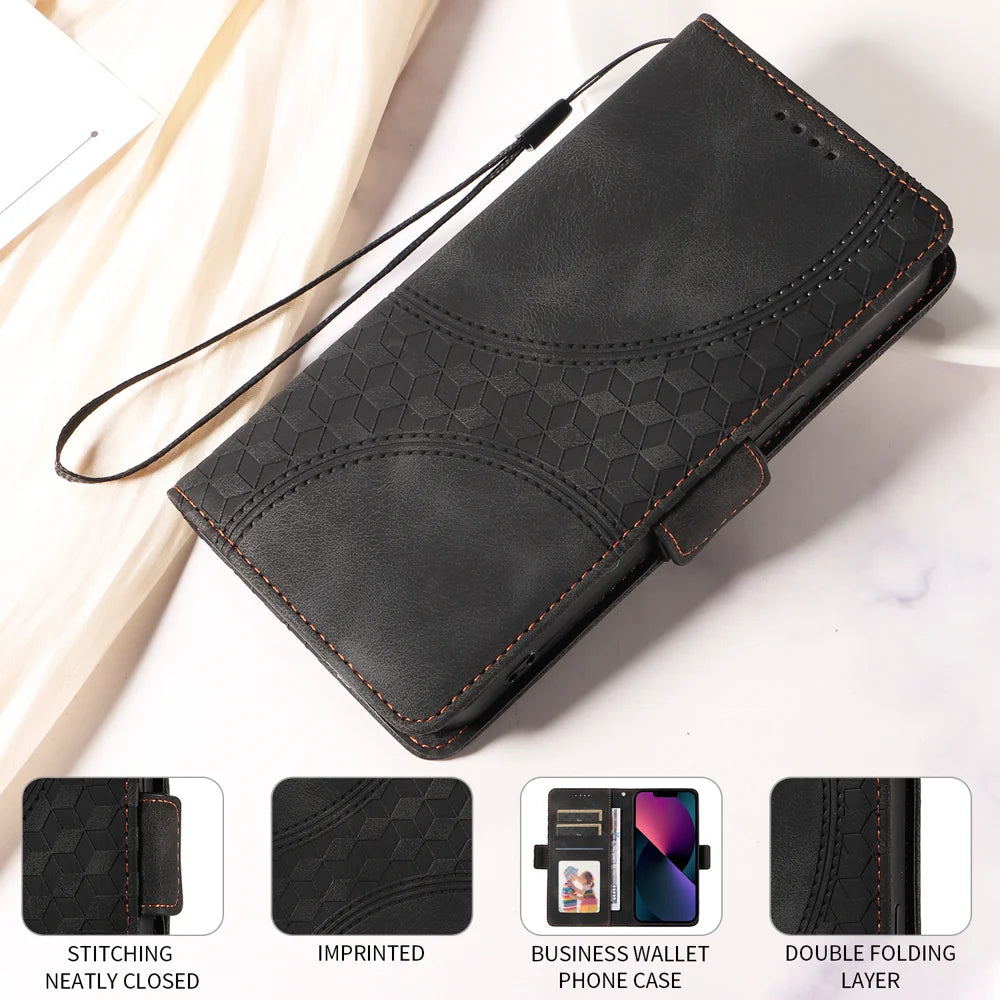 For Samsung Galaxy S25 FE Leather Cases Wallet Rhombus Imprinted Phone Cover Stand with Strap - Black - 5