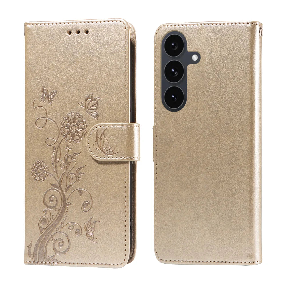 For Samsung Galaxy S25 FE Leather Case Butterfly Floral Imprint Wallet Stand Cover - Golden - 1