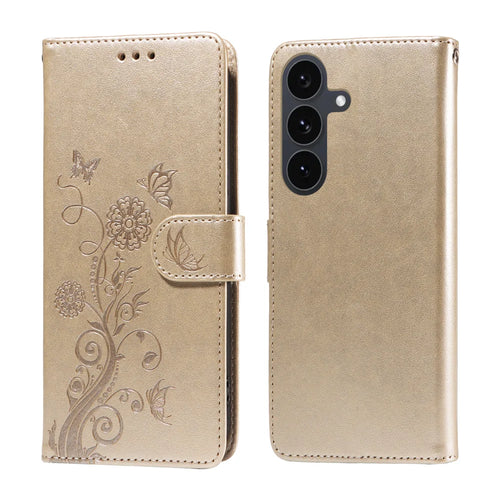 For Samsung Galaxy S25 FE Leather Case Butterfly Floral Imprint Wallet Stand Cover - Golden - 1