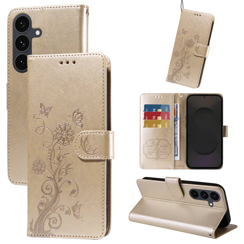 For Samsung Galaxy S25 FE Leather Case Butterfly Floral Imprint Wallet Stand Cover - Golden - 2