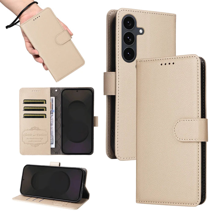 For Samsung Galaxy S25 FE Case RFID Blocking 3 Card Slots PU Leather Phone Cover with Wrist Strap - Creamy White - 5