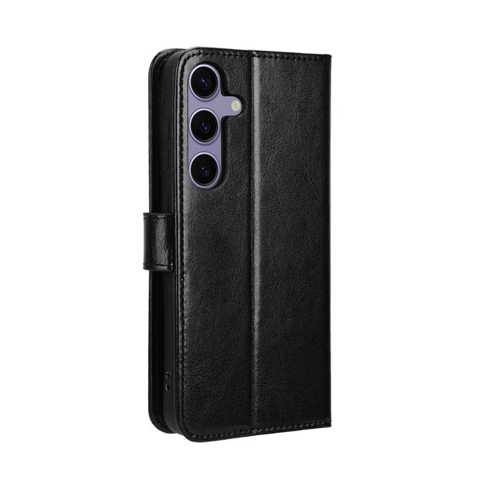 For Samsung Galaxy S25 FE PU Leather Case with Strap Crazy Horse Texture Phone Wallet Cover - Black - 7