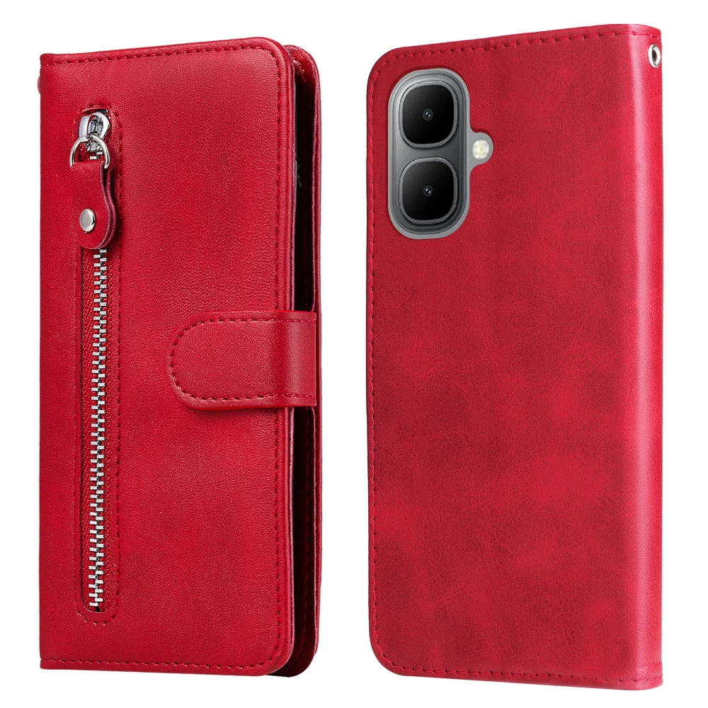 For TECNO Pop 10 / Infinix Smart 10 PU Leather Cases with Zipper Pocket Wallet Phone Cover Stand - Red - 1