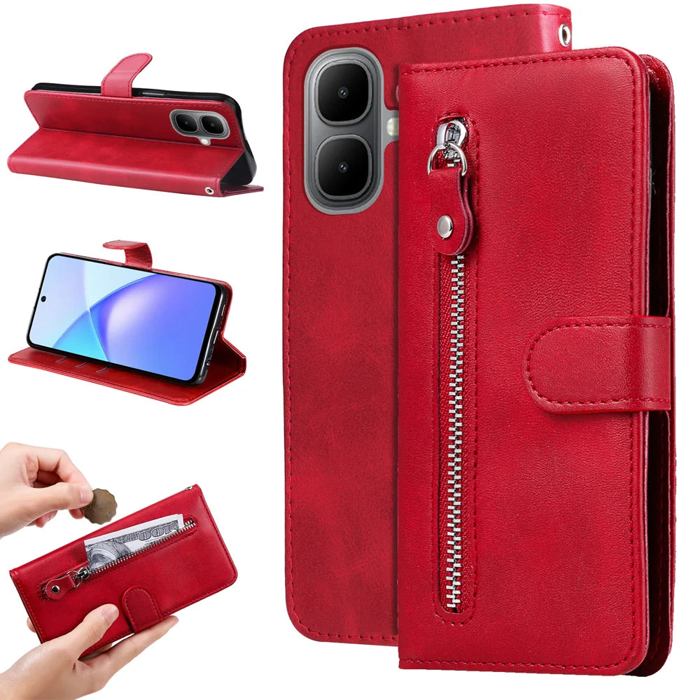 For TECNO Pop 10 / Infinix Smart 10 PU Leather Cases with Zipper Pocket Wallet Phone Cover Stand - Red - 2