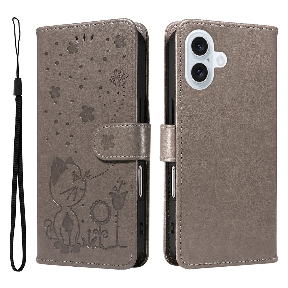 For iPhone 17 Leather Wallet Case Cat Bee Pattern Phone Cover Stand - Grey - 1