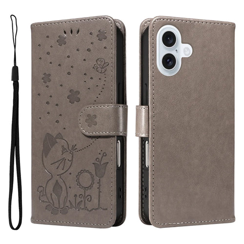 For iPhone 17 Leather Wallet Case Cat Bee Pattern Phone Cover Stand - Grey - 1
