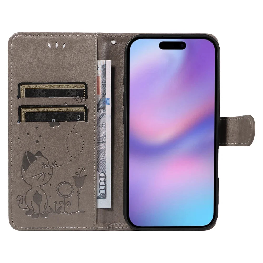 For iPhone 17 Leather Wallet Case Cat Bee Pattern Phone Cover Stand - Grey - 2