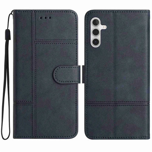 For Samsung Galaxy S25 FE Wallet Case Line Imprinted Cowhide Texture PU Leather Phone Cover - Blue - 1