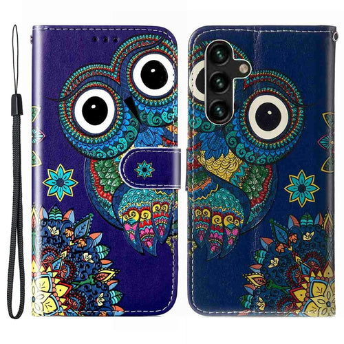 For Samsung Galaxy S25 FE Case Pattern Leather Wallet Phone Cover with Strap - Blue Owl - 1