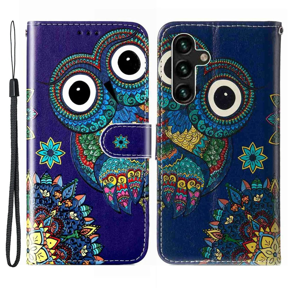 For Samsung Galaxy S25 FE Case Pattern Leather Wallet Phone Cover with Strap - Blue Owl - 1