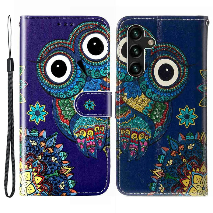 For Samsung Galaxy S25 FE Case Pattern Leather Wallet Phone Cover with Strap - Blue Owl - 1