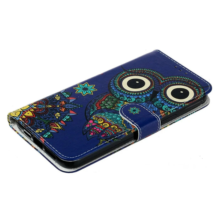 For Samsung Galaxy S25 FE Case Pattern Leather Wallet Phone Cover with Strap - Blue Owl - 4