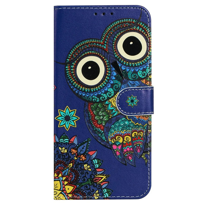 For Samsung Galaxy S25 FE Case Pattern Leather Wallet Phone Cover with Strap - Blue Owl - 5