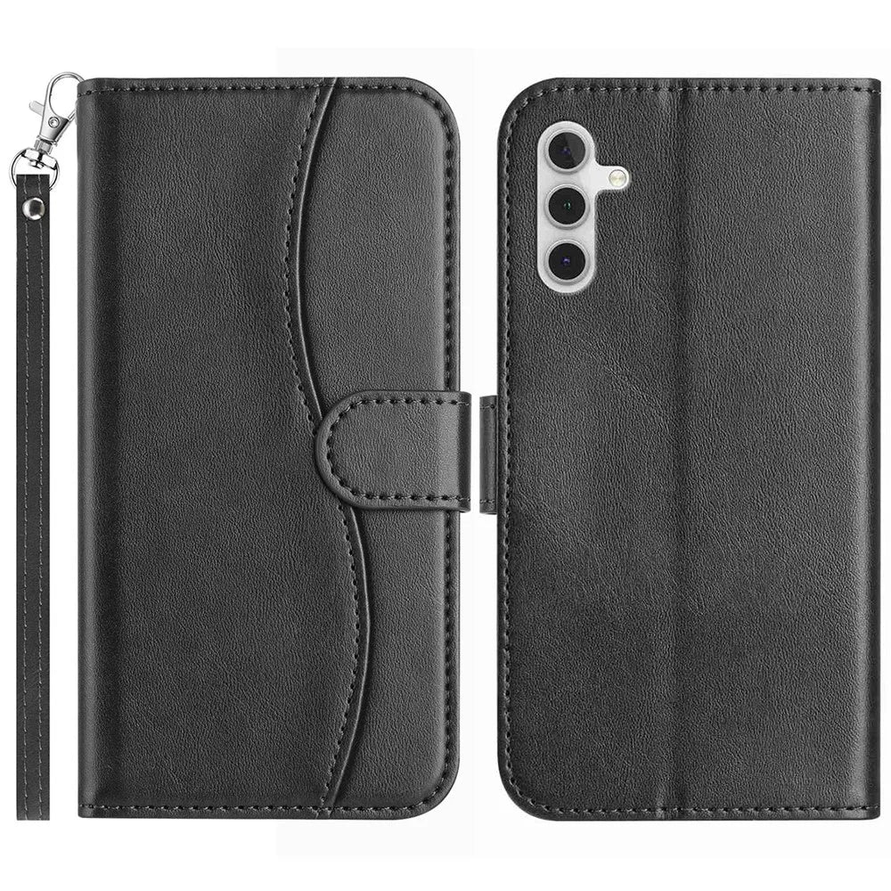 For Samsung Galaxy S25 FE Stand Case PU Leather Wallet Phone Cover S Shape Stitching Design with Strap - Black - 1