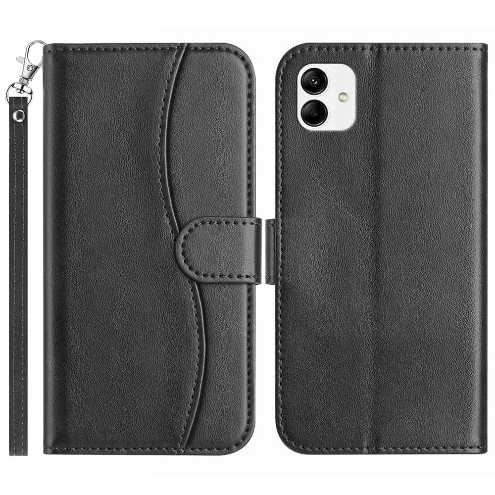 For Samsung Galaxy A08 5G / A08 4G / A07 4G Stand Case PU Leather Wallet Phone Cover S Shape Stitching Design with Strap - Black - 1