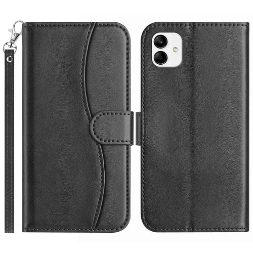 For Samsung Galaxy A08 5G / A08 4G / A07 4G Stand Case PU Leather Wallet Phone Cover S Shape Stitching Design with Strap - Black - 1