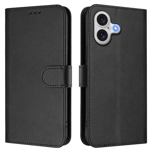 For iPhone 17 Wallet Case RFID Blocking Calf Texture Leather Stand Phone Cover with Strap - Black - 1