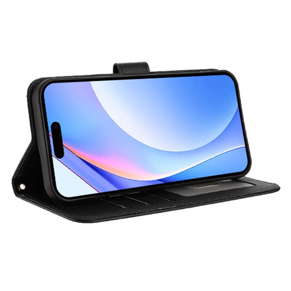 For iPhone 17 Wallet Case RFID Blocking Calf Texture Leather Stand Phone Cover with Strap - Black - 2