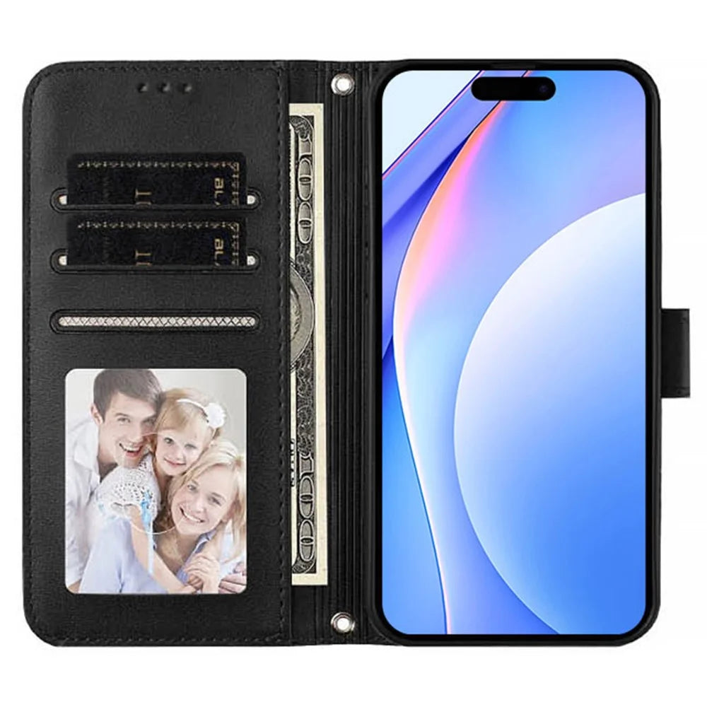 For iPhone 17 Wallet Case RFID Blocking Calf Texture Leather Stand Phone Cover with Strap - Black - 3