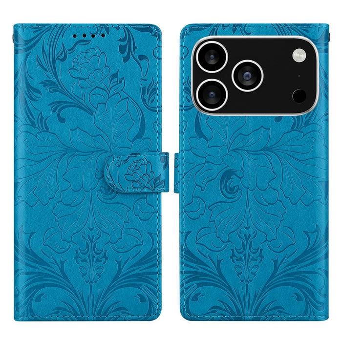 For iPhone 18 Pro / 17 Pro Leather Case Imprinted Floral Pattern Wallet Stand Flip Phone Cover - Blue - 1