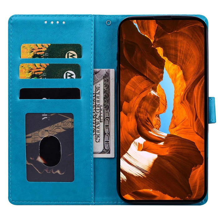 For iPhone 18 Pro / 17 Pro Leather Case Imprinted Floral Pattern Wallet Stand Flip Phone Cover - Blue - 2