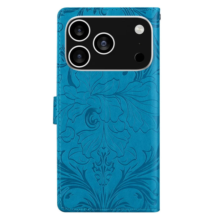 For iPhone 18 Pro / 17 Pro Leather Case Imprinted Floral Pattern Wallet Stand Flip Phone Cover - Blue - 5