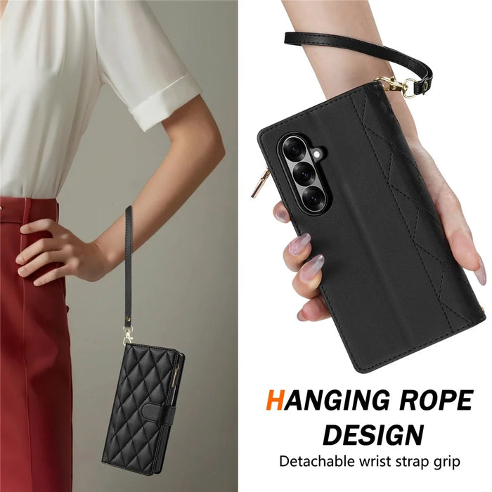 For Samsung Galaxy Z Fold7 5G Case Rhombus Stitching Leather Wallet Phone Cover with Long  /  Short Strap - Black - 6