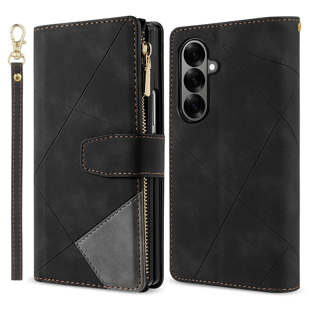 For Samsung Galaxy Z Fold7 5G PU + PC Case Color Splicing Leather Phone Cover with Strap - Black - 1