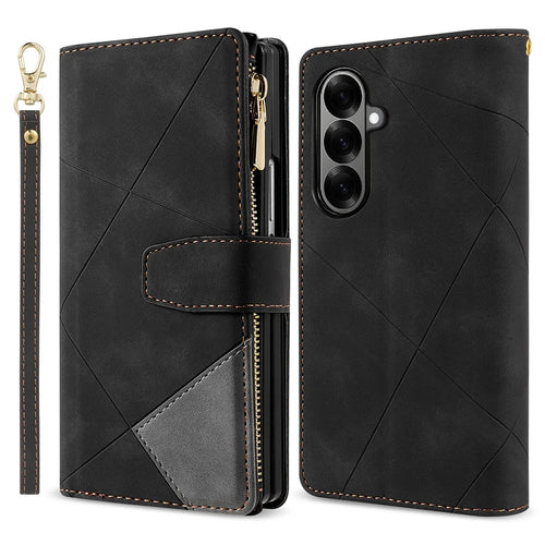For Samsung Galaxy Z Fold7 5G PU + PC Case Color Splicing Leather Phone Cover with Strap - Black - 1